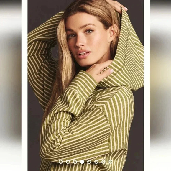 Anthropologie Pilcro Wharfside V Neck Hooded Sweatshirt Green White Stripe Small - Picture 6 of 16